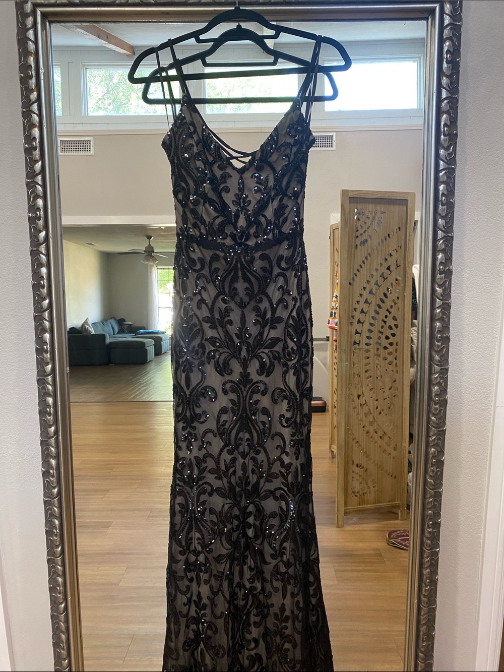 Fashion Nova Black Beaded Maxi Dress with Sheer Overlay